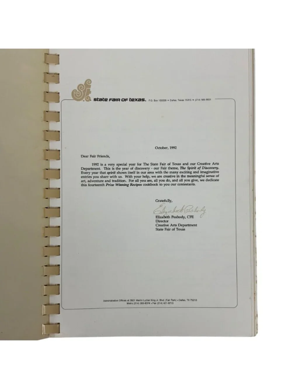 State Fair Of Texas Prize Winning Recipes Cookbook Spiral Bound 1992